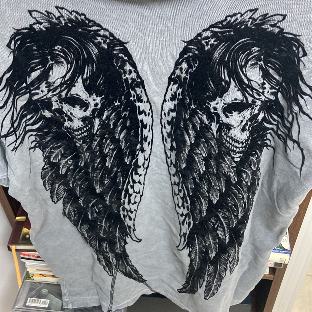 Vintage Affliction Grey Graphic Angel Wings/Skull Faces Men's Polo Shirt
